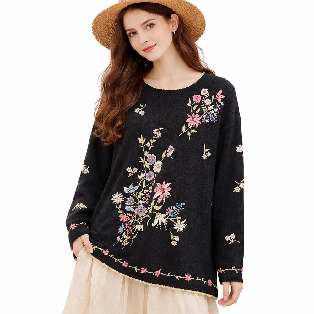 NWT Vintage Tiara International Black Floral Embroidered Ramie Cotton Sweater XL